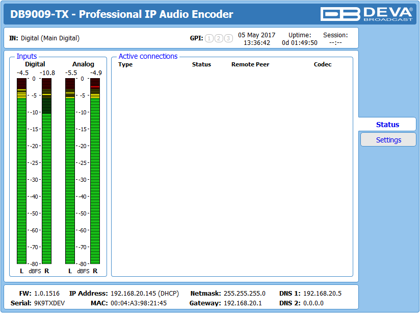 DEVA Broadcast DB9009-TX Профессиональный звуковой IP кодер, 1RU