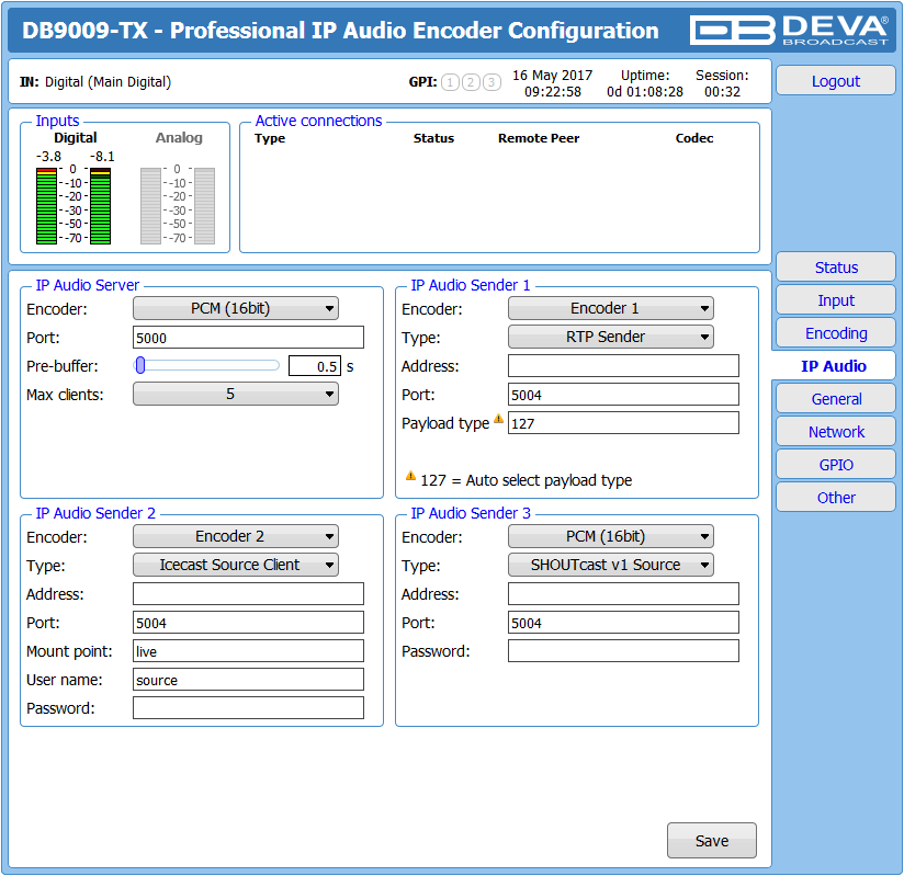 DEVA Broadcast DB9009-TX Профессиональный звуковой IP кодер, 1RU